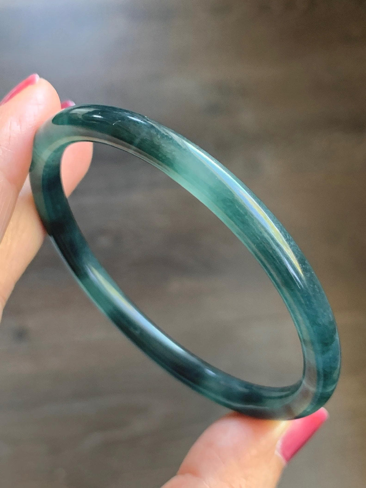 Certified Natural Grade A Guatemalan Icy Highly Translucent Dark Teal Green Jade Jadeite Slim Bangle 56.3mm 6.96” 18g 天然冰胶危深蓝绿翡翠细圆条手镯 989