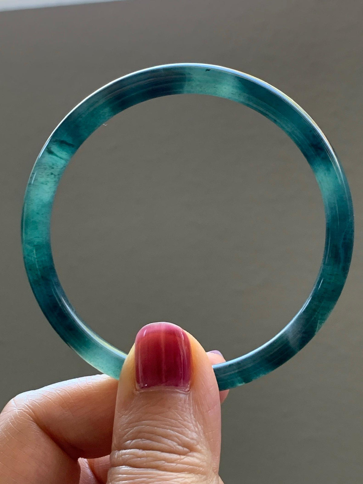 Certified Natural Grade A Guatemalan Icy Highly Translucent Dark Teal Green Jade Jadeite Slim Bangle 56.3mm 6.96” 18g 天然冰胶危深蓝绿翡翠细圆条手镯 989