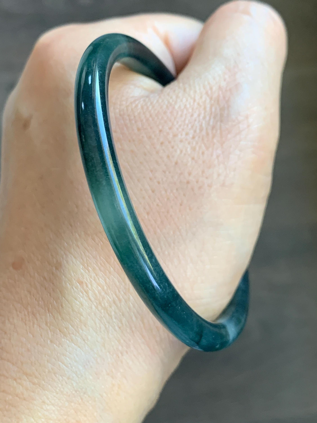 Certified Natural Grade A Guatemalan Icy Highly Translucent Dark Teal Green Jade Jadeite Slim Bangle 56.3mm 6.96” 18g 天然冰胶危深蓝绿翡翠细圆条手镯 989