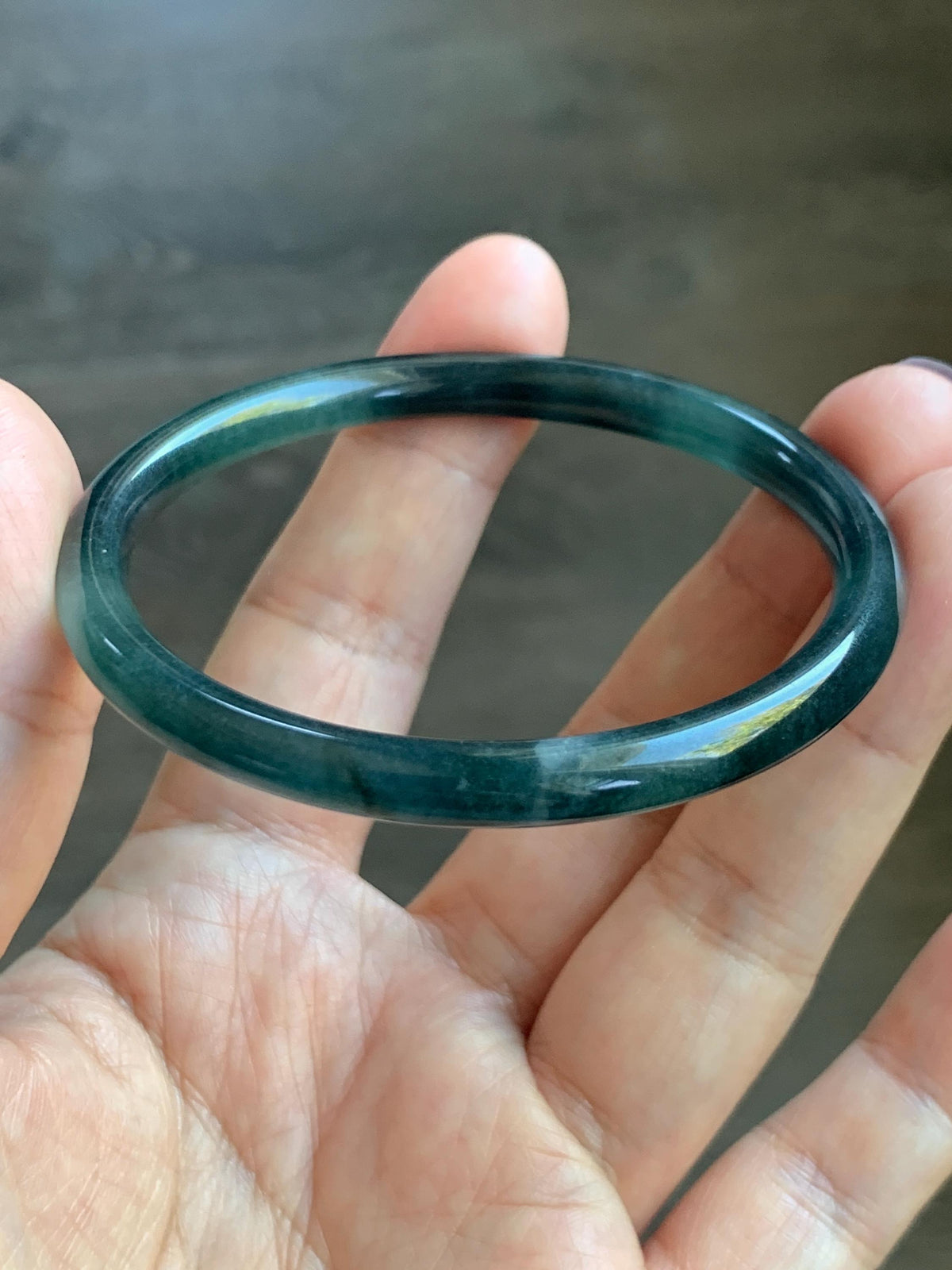 Certified Natural Grade A Guatemalan Icy Highly Translucent Dark Teal Green Jade Jadeite Slim Bangle 56.3mm 6.96” 18g 天然冰胶危深蓝绿翡翠细圆条手镯 989