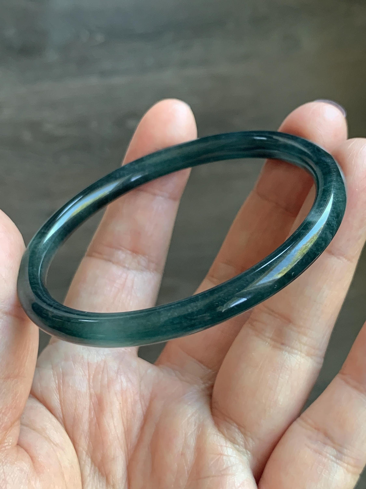 Certified Natural Grade A Guatemalan Icy Highly Translucent Dark Teal Green Jade Jadeite Slim Bangle 56.3mm 6.96” 18g 天然冰胶危深蓝绿翡翠细圆条手镯 989