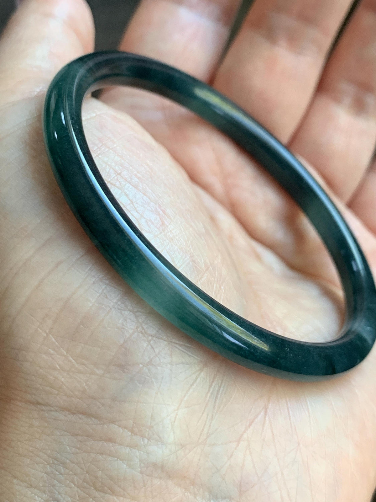 Certified Natural Grade A Guatemalan Icy Highly Translucent Dark Teal Green Jade Jadeite Slim Bangle 56.3mm 6.96” 18g 天然冰胶危深蓝绿翡翠细圆条手镯 989