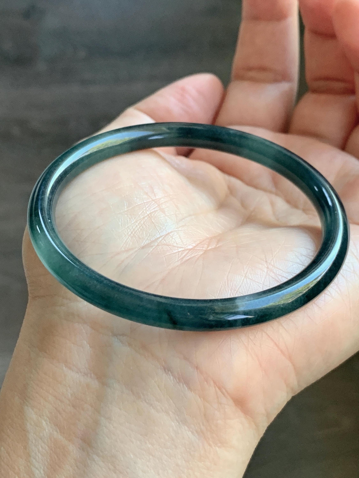 Certified Natural Grade A Guatemalan Icy Highly Translucent Dark Teal Green Jade Jadeite Slim Bangle 56.3mm 6.96” 18g 天然冰胶危深蓝绿翡翠细圆条手镯 989