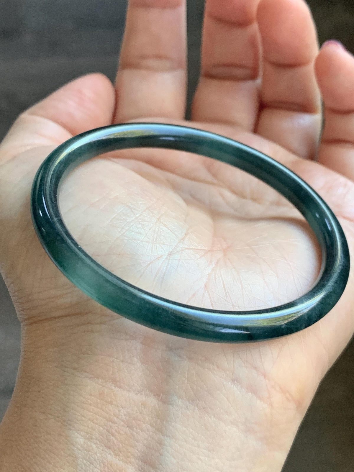 Certified Natural Grade A Guatemalan Icy Highly Translucent Dark Teal Green Jade Jadeite Slim Bangle 56.3mm 6.96” 18g 天然冰胶危深蓝绿翡翠细圆条手镯 989