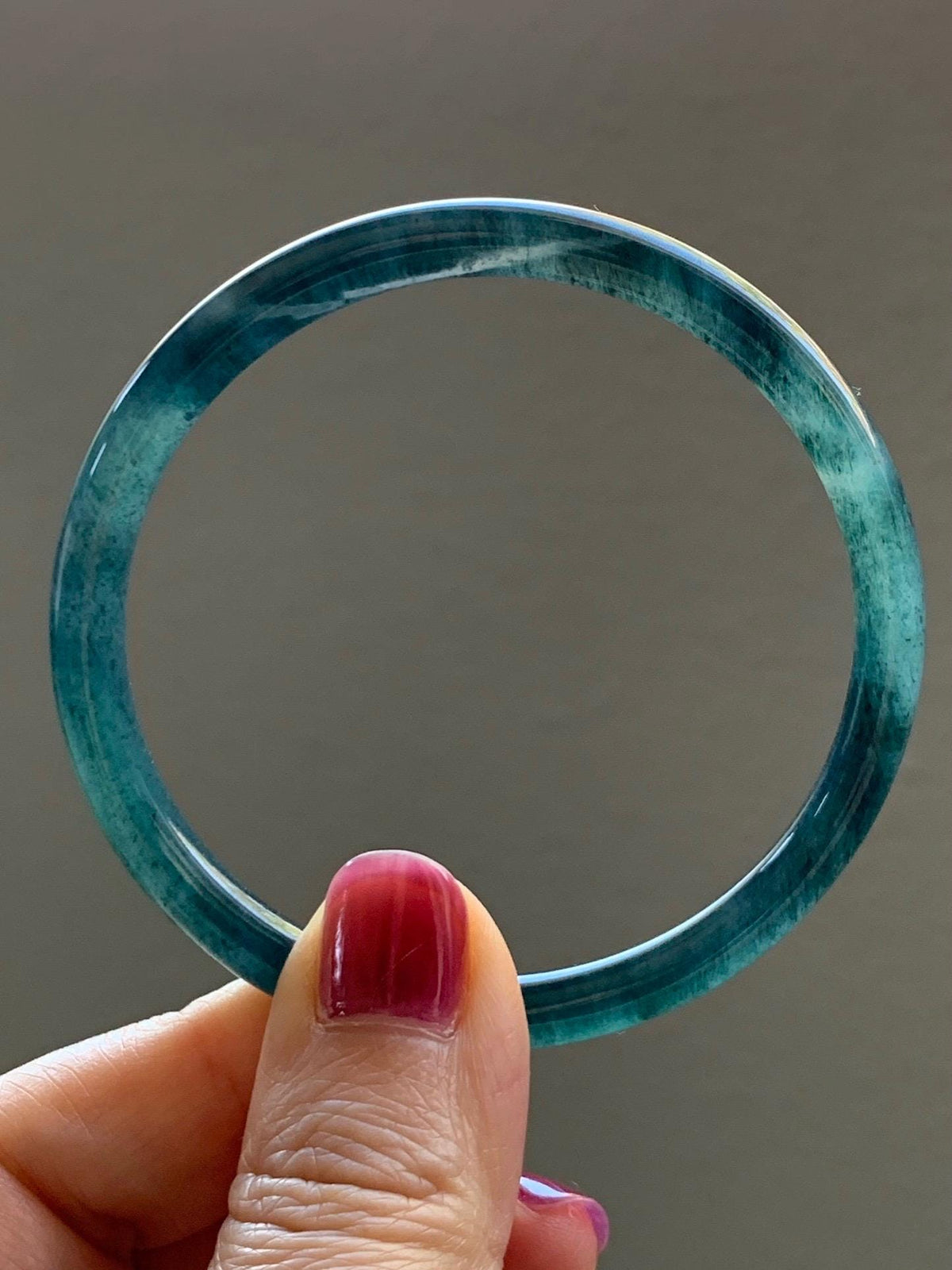 Certified Natural Grade A Guatemalan Icy Highly Translucent Dark Teal Green Jade Jadeite Slim Bangle 56.7mm 7” 18.36g 天然冰胶危深蓝绿翡翠细圆条手镯 992