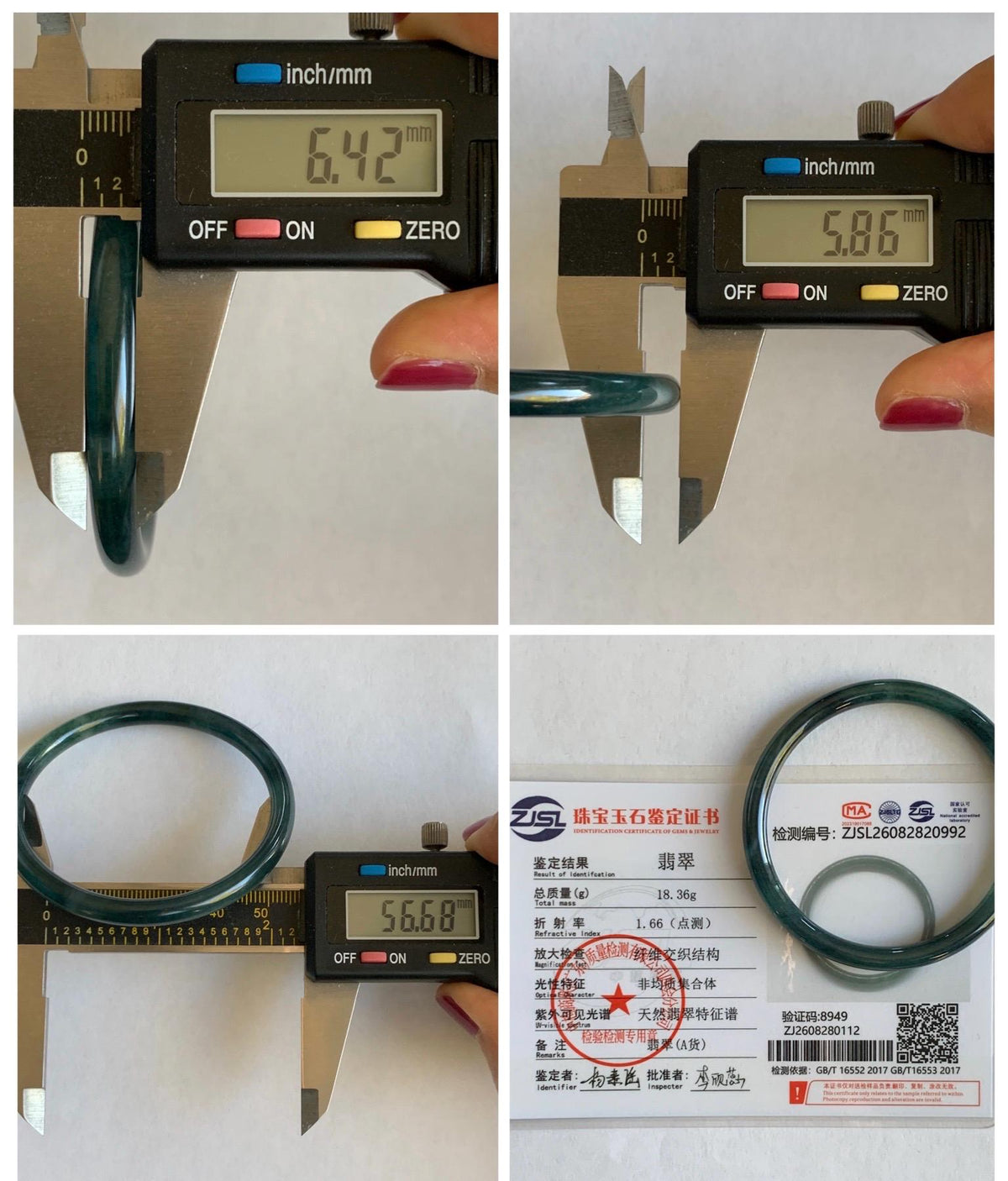 Certified Natural Grade A Guatemalan Icy Highly Translucent Dark Teal Green Jade Jadeite Slim Bangle 56.7mm 7” 18.36g 天然冰胶危深蓝绿翡翠细圆条手镯 992