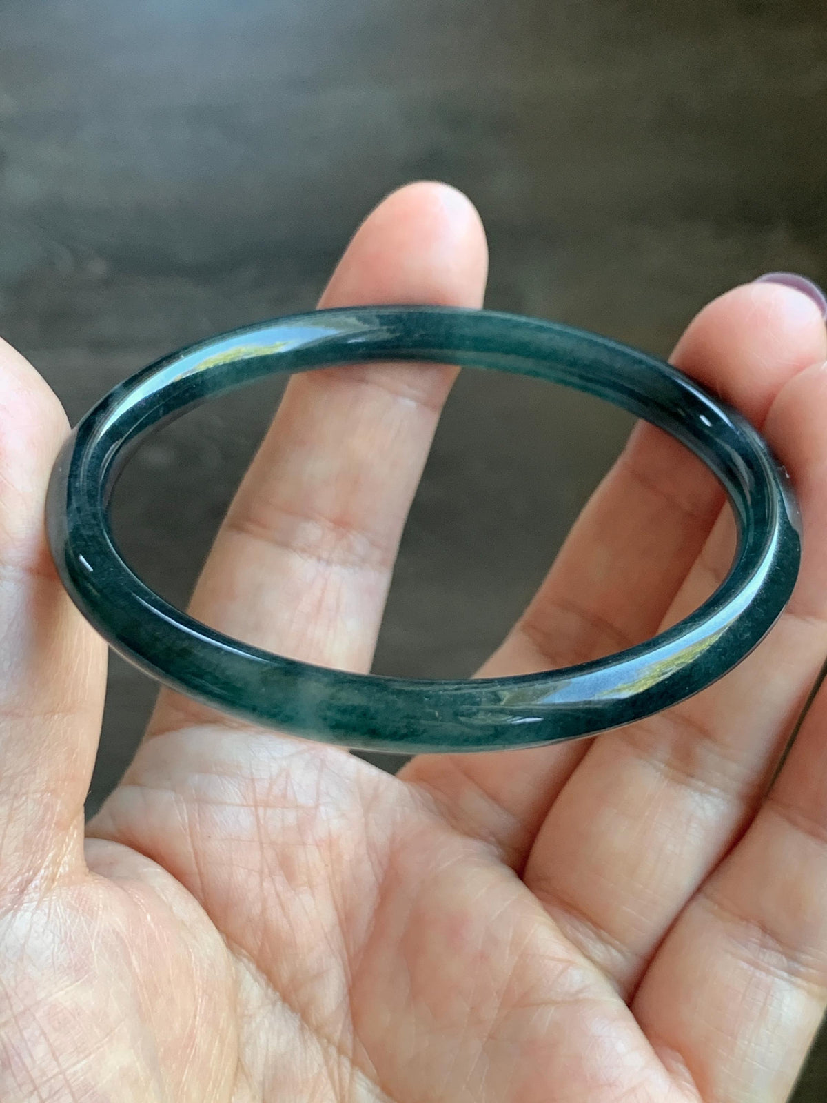 Certified Natural Grade A Guatemalan Icy Highly Translucent Dark Teal Green Jade Jadeite Slim Bangle 56.7mm 7” 18.36g 天然冰胶危深蓝绿翡翠细圆条手镯 992