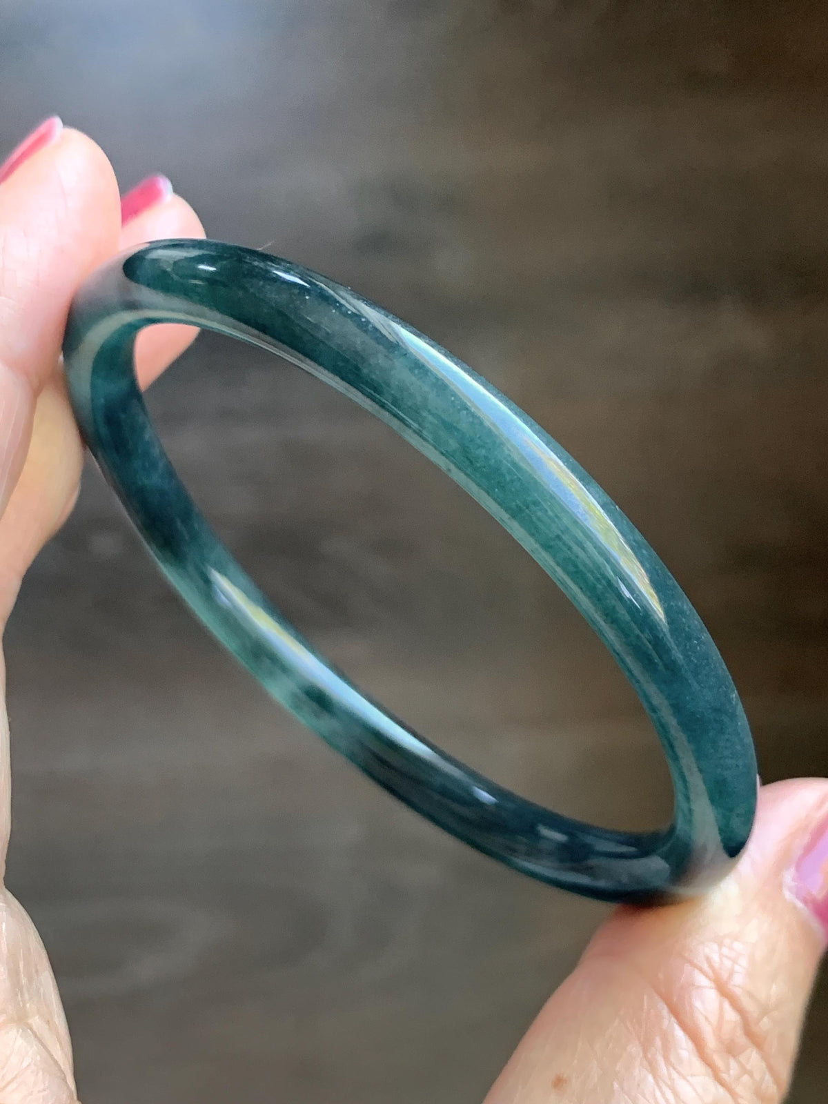 Certified Natural Grade A Guatemalan Icy Highly Translucent Dark Teal Green Jade Jadeite Slim Bangle 56.7mm 7” 18.36g 天然冰胶危深蓝绿翡翠细圆条手镯 992