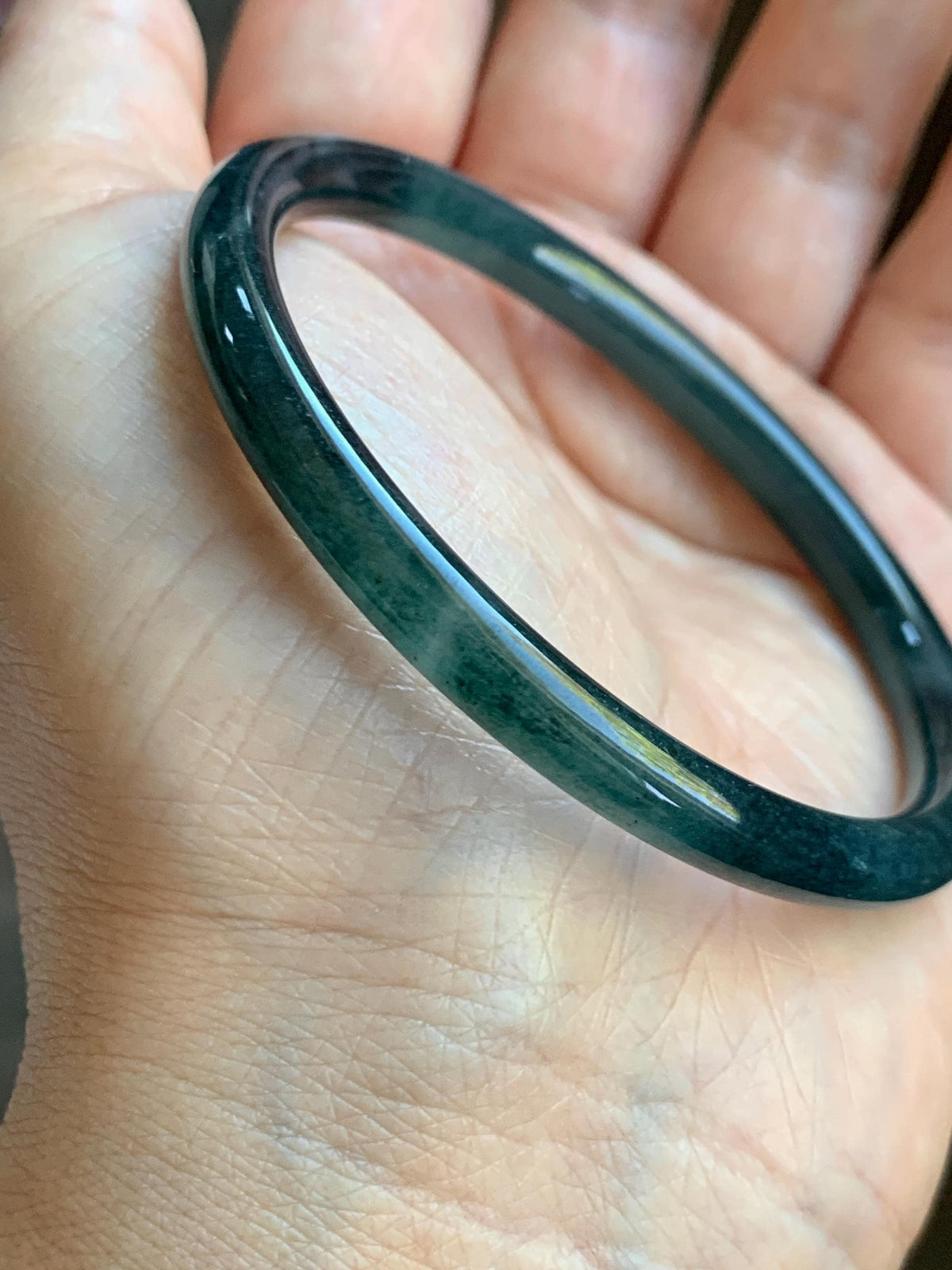 Certified Natural Grade A Guatemalan Icy Highly Translucent Dark Teal Green Jade Jadeite Slim Bangle 56.7mm 7” 18.36g 天然冰胶危深蓝绿翡翠细圆条手镯 992