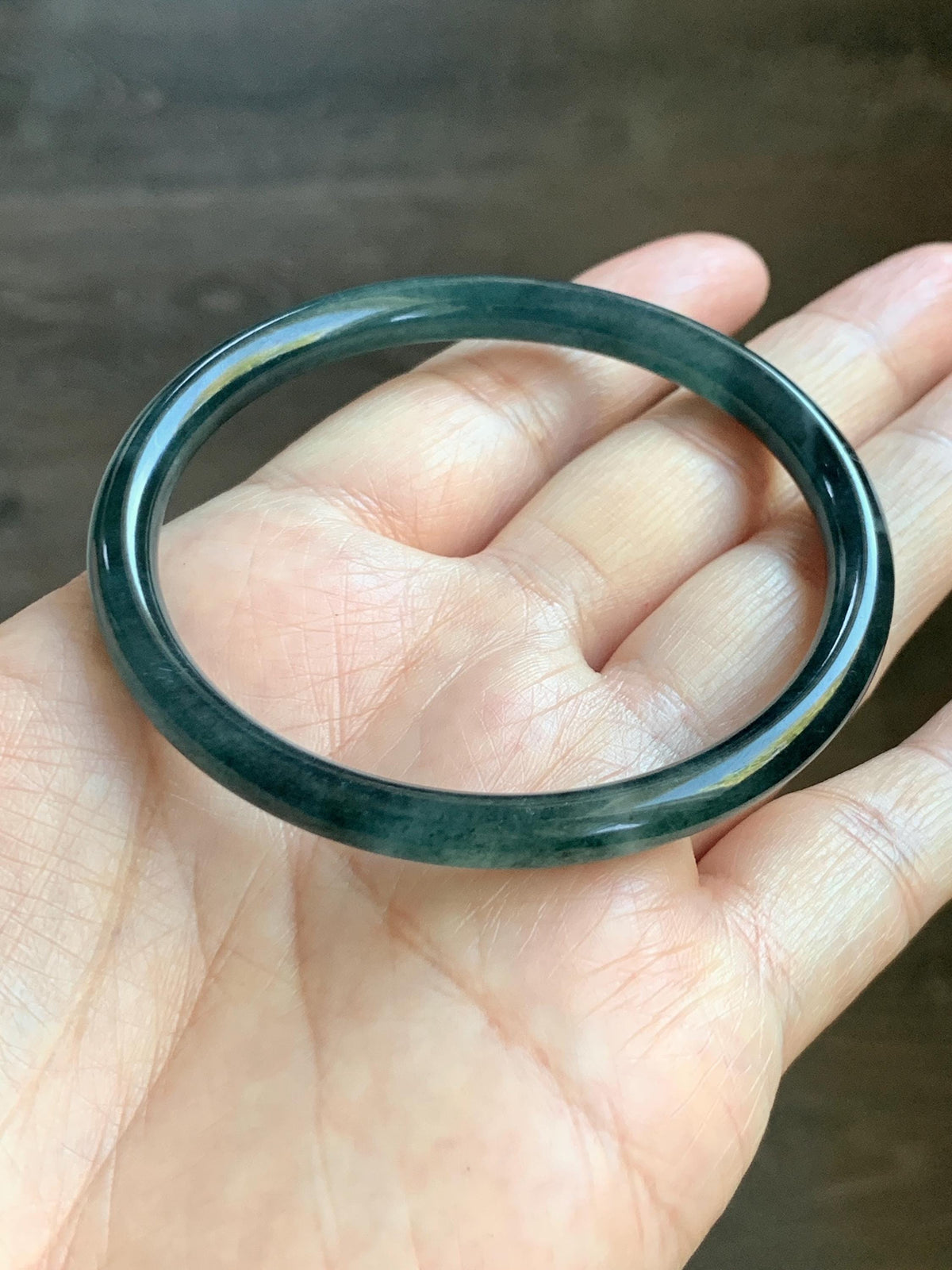 Certified Natural Grade A Guatemalan Icy Highly Translucent Dark Teal Green Jade Jadeite Slim Bangle 56.7mm 7” 18.36g 天然冰胶危深蓝绿翡翠细圆条手镯 992