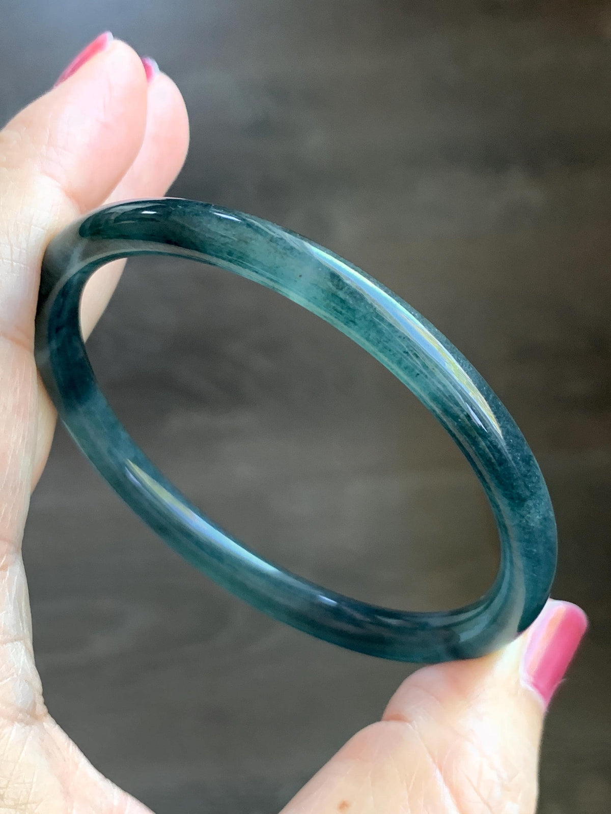 Certified Natural Grade A Guatemalan Icy Highly Translucent Dark Teal Green Jade Jadeite Slim Bangle 56.7mm 7” 18.36g 天然冰胶危深蓝绿翡翠细圆条手镯 992