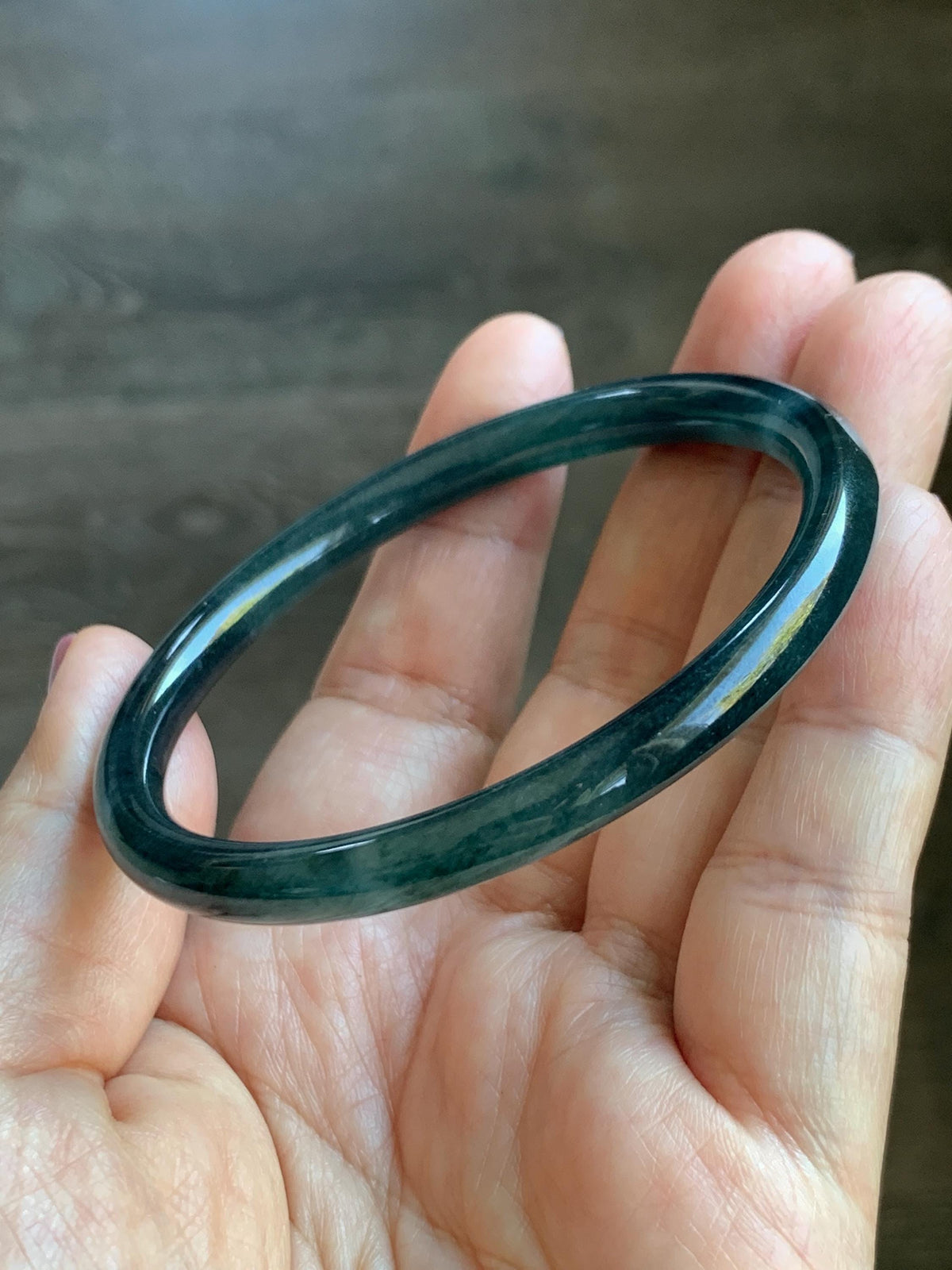 Certified Natural Grade A Guatemalan Icy Highly Translucent Dark Teal Green Jade Jadeite Slim Bangle 56.7mm 7” 18.36g 天然冰胶危深蓝绿翡翠细圆条手镯 992