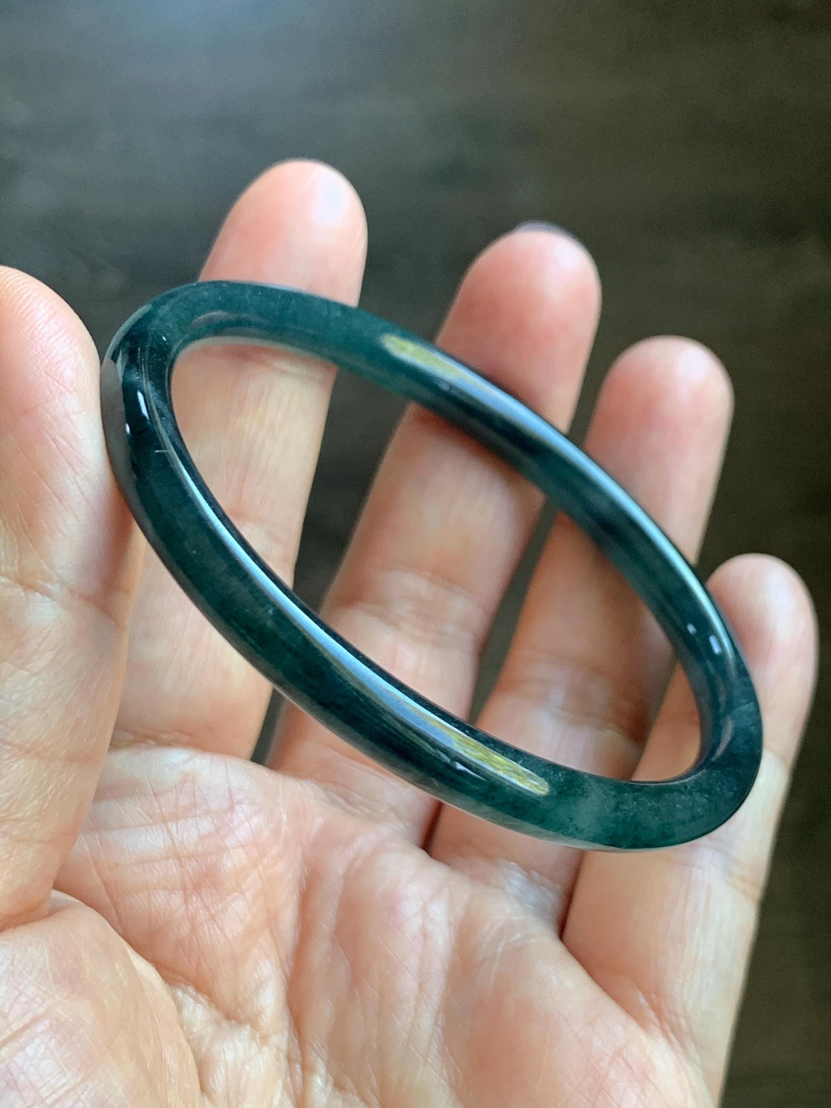 Certified Natural Grade A Guatemalan Icy Highly Translucent Dark Teal Green Jade Jadeite Slim Bangle 56.7mm 7” 18.36g 天然冰胶危深蓝绿翡翠细圆条手镯 992