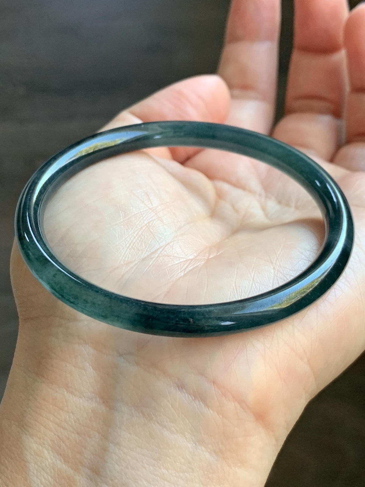 Certified Natural Grade A Guatemalan Icy Highly Translucent Dark Teal Green Jade Jadeite Slim Bangle 56.7mm 7” 18.36g 天然冰胶危深蓝绿翡翠细圆条手镯 992