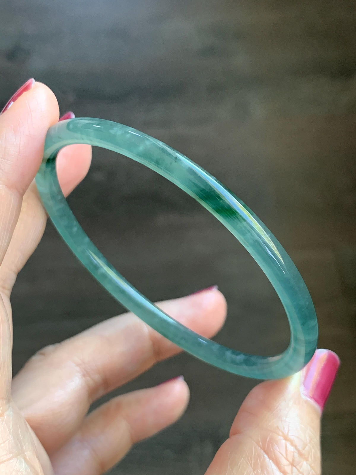 Certified Natural Grade A Guatemalan Icy Translucent Light Teal Green Jade Jadeite Skinny Bangle 60.25mm 7.45” 12.85g 天然冰胶危蓝绿翡翠细圆条手镯 933