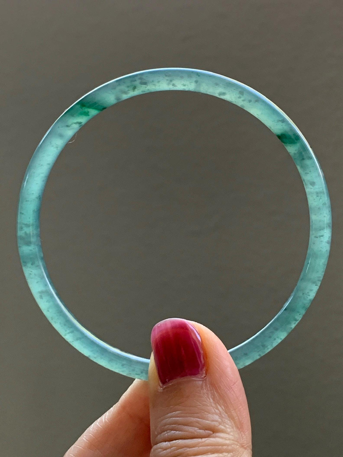 Certified Natural Grade A Guatemalan Icy Translucent Light Teal Green Jade Jadeite Skinny Bangle 60.25mm 7.45” 12.85g 天然冰胶危蓝绿翡翠细圆条手镯 933