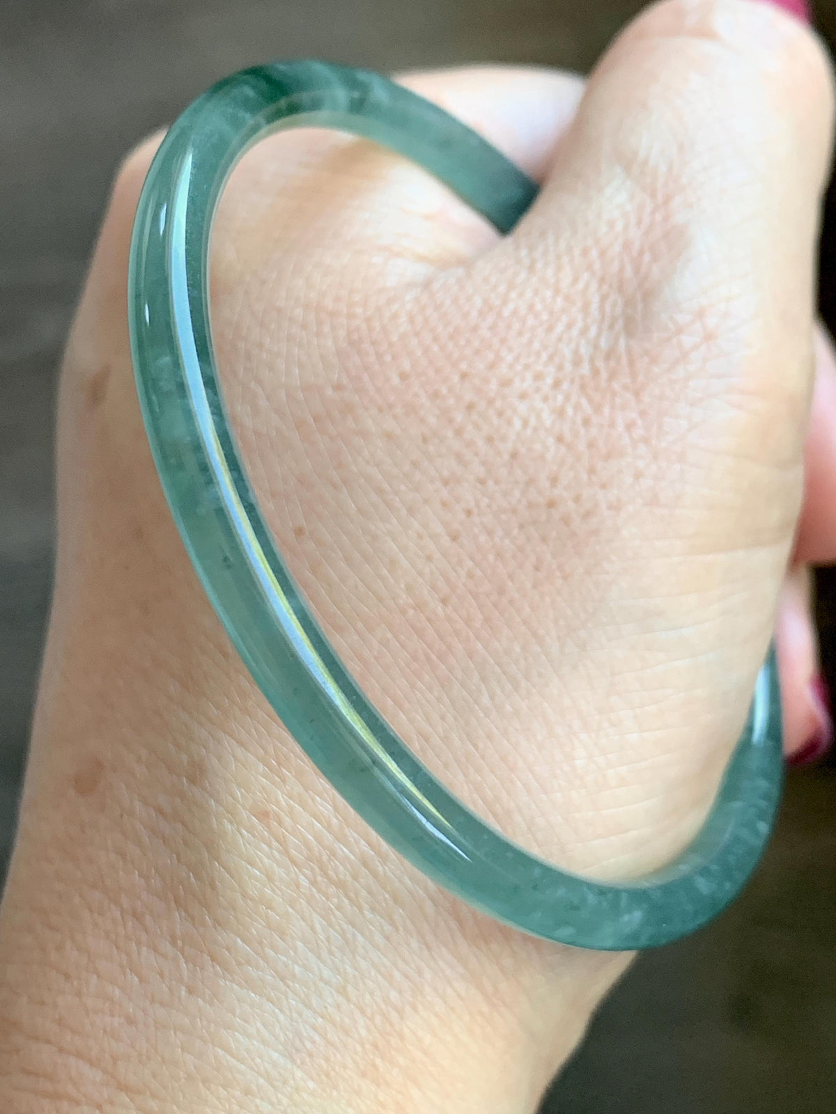 Certified Natural Grade A Guatemalan Icy Translucent Light Teal Green Jade Jadeite Skinny Bangle 60.25mm 7.45” 12.85g 天然冰胶危蓝绿翡翠细圆条手镯 933