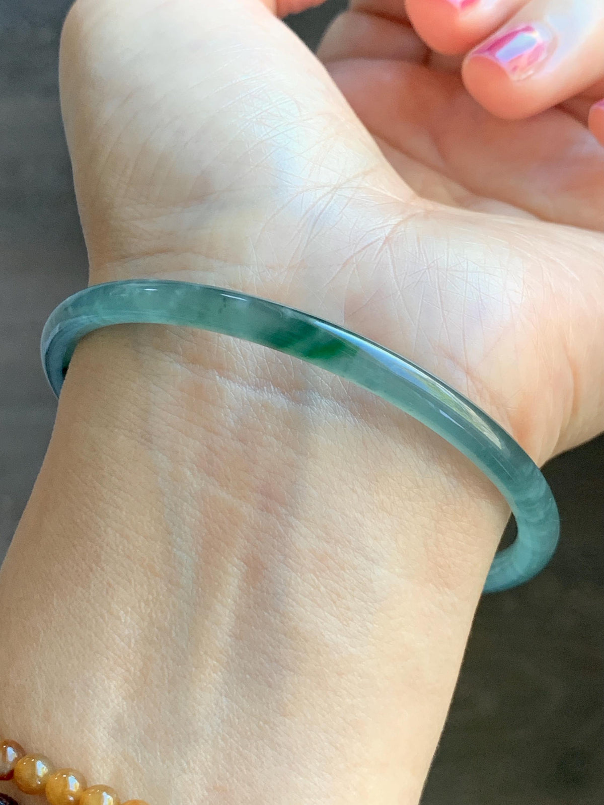 Certified Natural Grade A Guatemalan Icy Translucent Light Teal Green Jade Jadeite Skinny Bangle 60.25mm 7.45” 12.85g 天然冰胶危蓝绿翡翠细圆条手镯 933