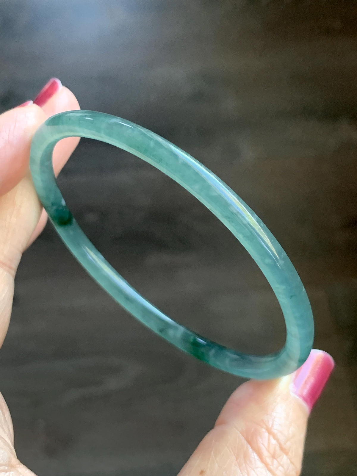 Certified Natural Grade A Guatemalan Icy Translucent Light Teal Green Jade Jadeite Skinny Bangle 60.25mm 7.45” 12.85g 天然冰胶危蓝绿翡翠细圆条手镯 933