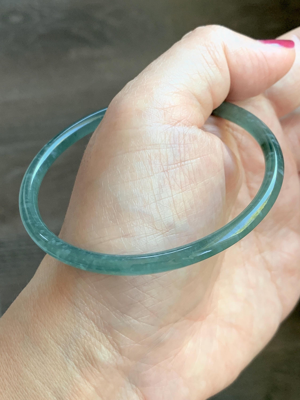 Certified Natural Grade A Guatemalan Icy Translucent Light Teal Green Jade Jadeite Skinny Bangle 60.25mm 7.45” 12.85g 天然冰胶危蓝绿翡翠细圆条手镯 933