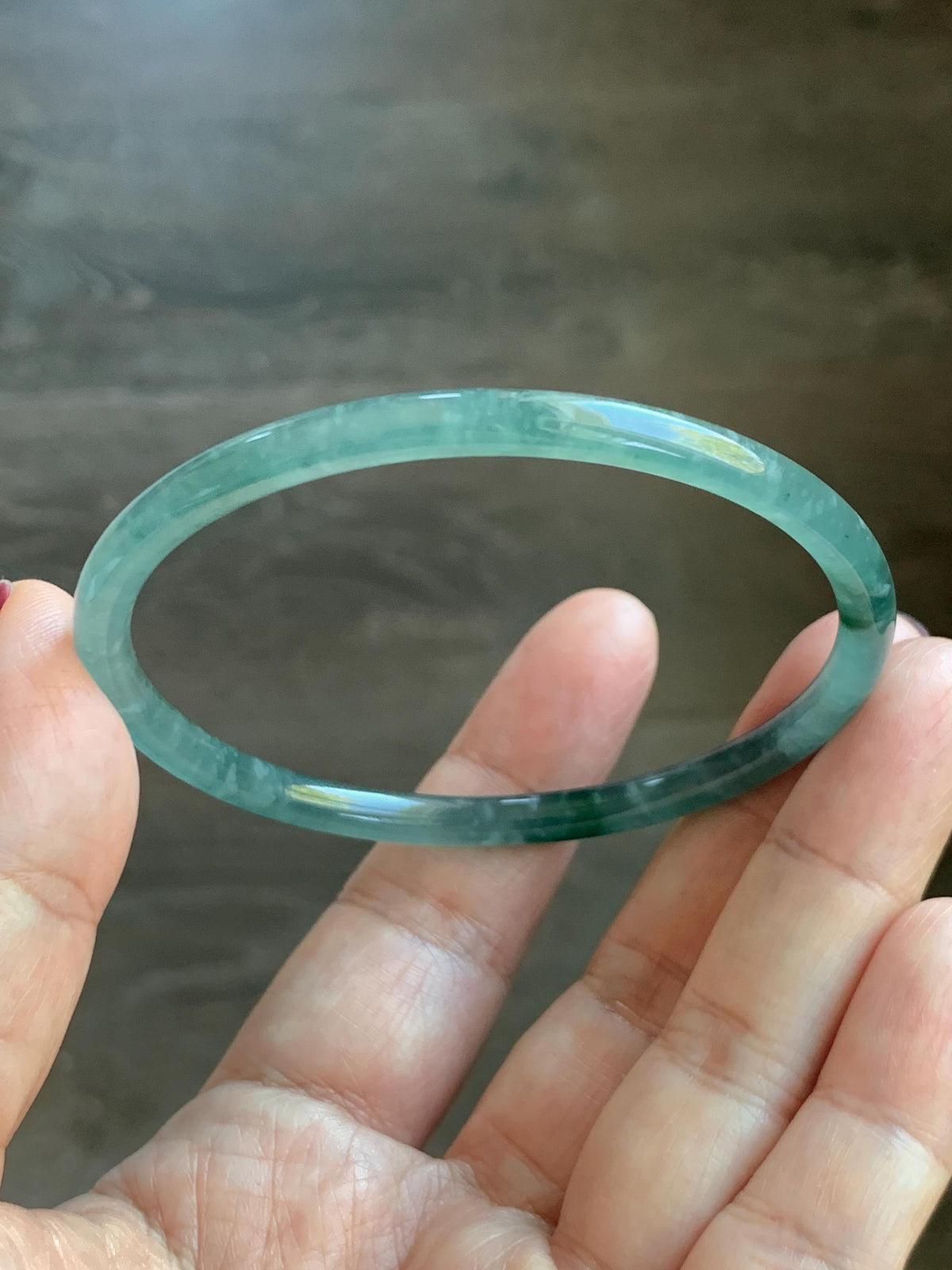 Certified Natural Grade A Guatemalan Icy Translucent Light Teal Green Jade Jadeite Skinny Bangle 60.25mm 7.45” 12.85g 天然冰胶危蓝绿翡翠细圆条手镯 933