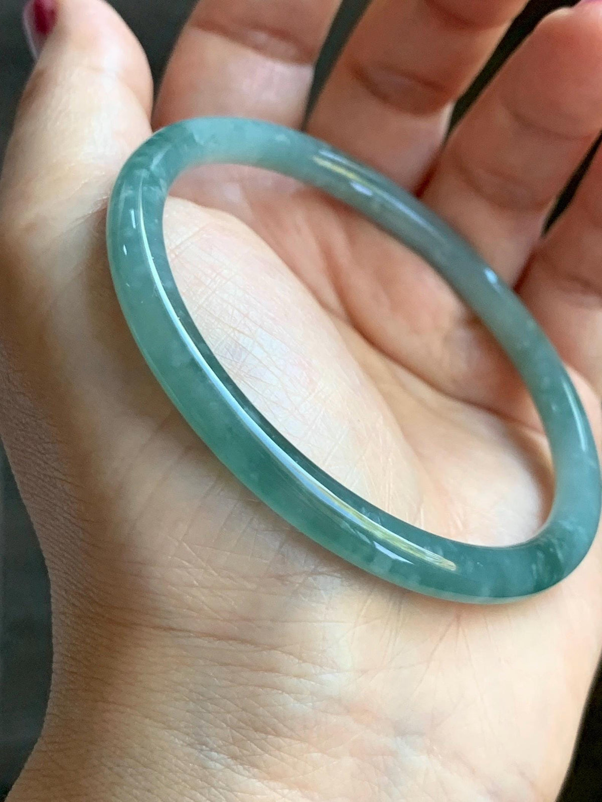 Certified Natural Grade A Guatemalan Icy Translucent Light Dusty Teal Jade Jadeite Slim Bangle 60mm 7.42" 20g 天然冰危浅蓝翡翠细圆条手镯 956