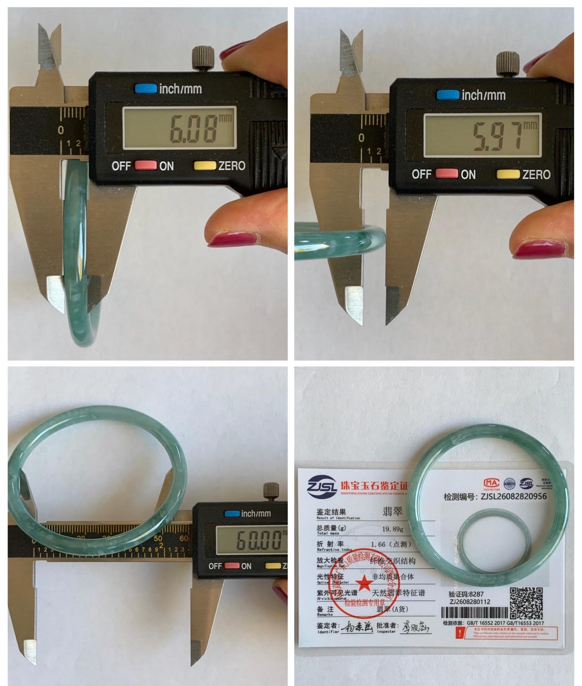 Certified Natural Grade A Guatemalan Icy Translucent Light Dusty Teal Jade Jadeite Slim Bangle 60mm 7.42" 20g 天然冰危浅蓝翡翠细圆条手镯 956