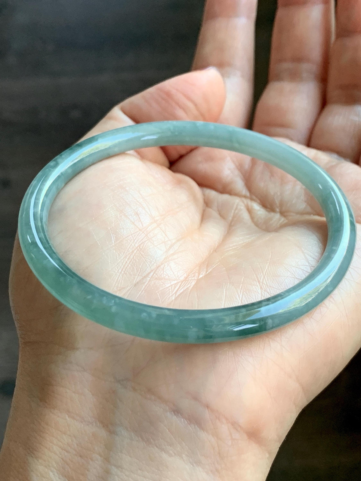 Certified Natural Grade A Guatemalan Icy Translucent Light Dusty Teal Jade Jadeite Slim Bangle 60mm 7.42" 20g 天然冰危浅蓝翡翠细圆条手镯 956