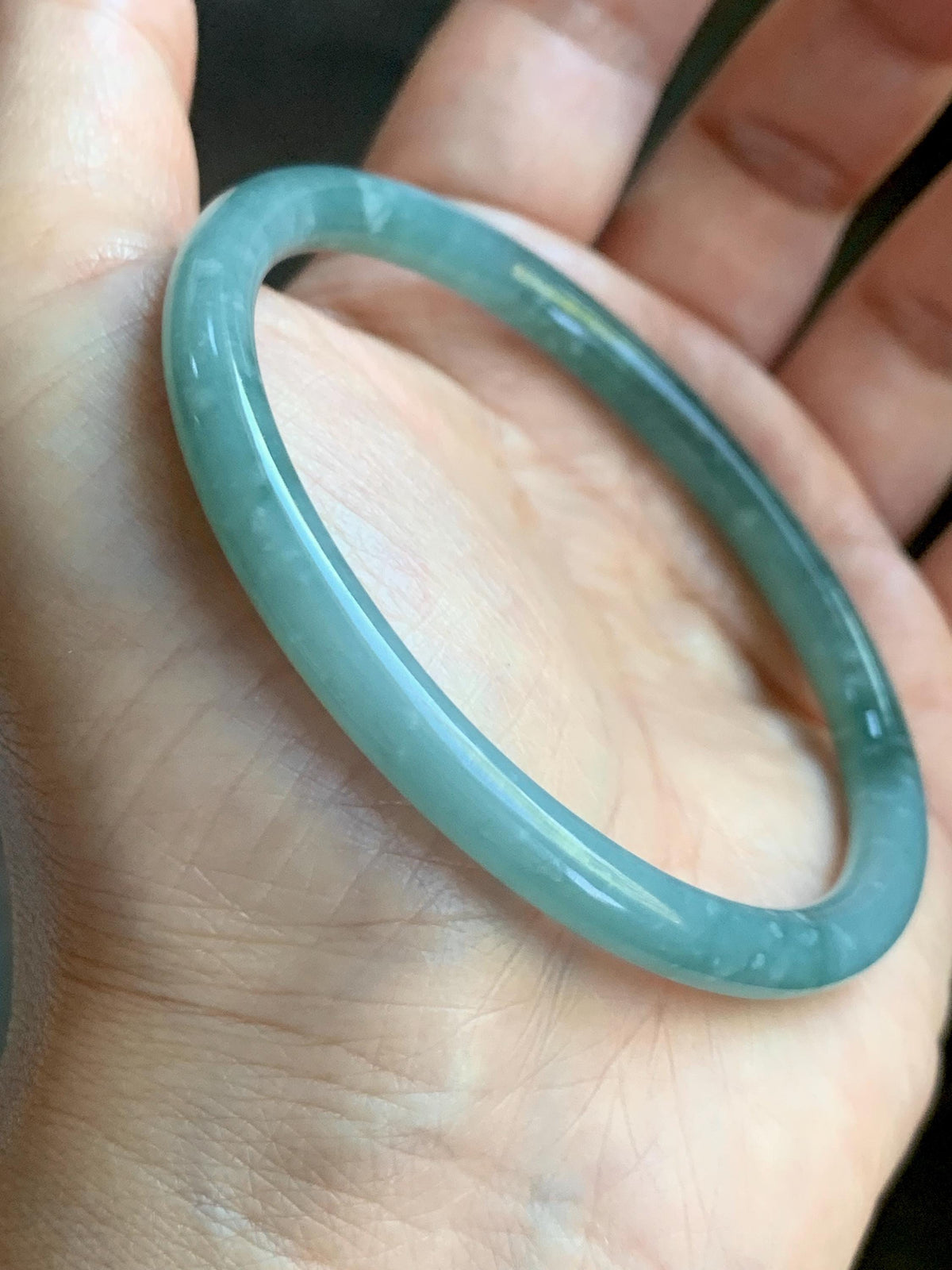 Certified Natural Grade A Guatemalan Icy Translucent Light Dusty Teal Jade Jadeite Slim Bangle 60mm 7.42" 20g 天然冰危浅蓝翡翠细圆条手镯 956