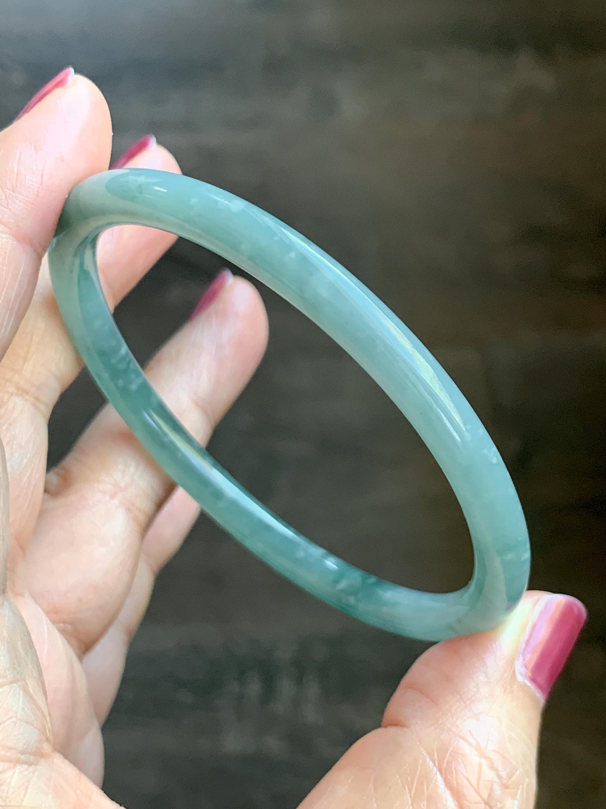 Certified Natural Grade A Guatemalan Icy Translucent Light Dusty Teal Jade Jadeite Slim Bangle 60mm 7.42" 20g 天然冰危浅蓝翡翠细圆条手镯 956