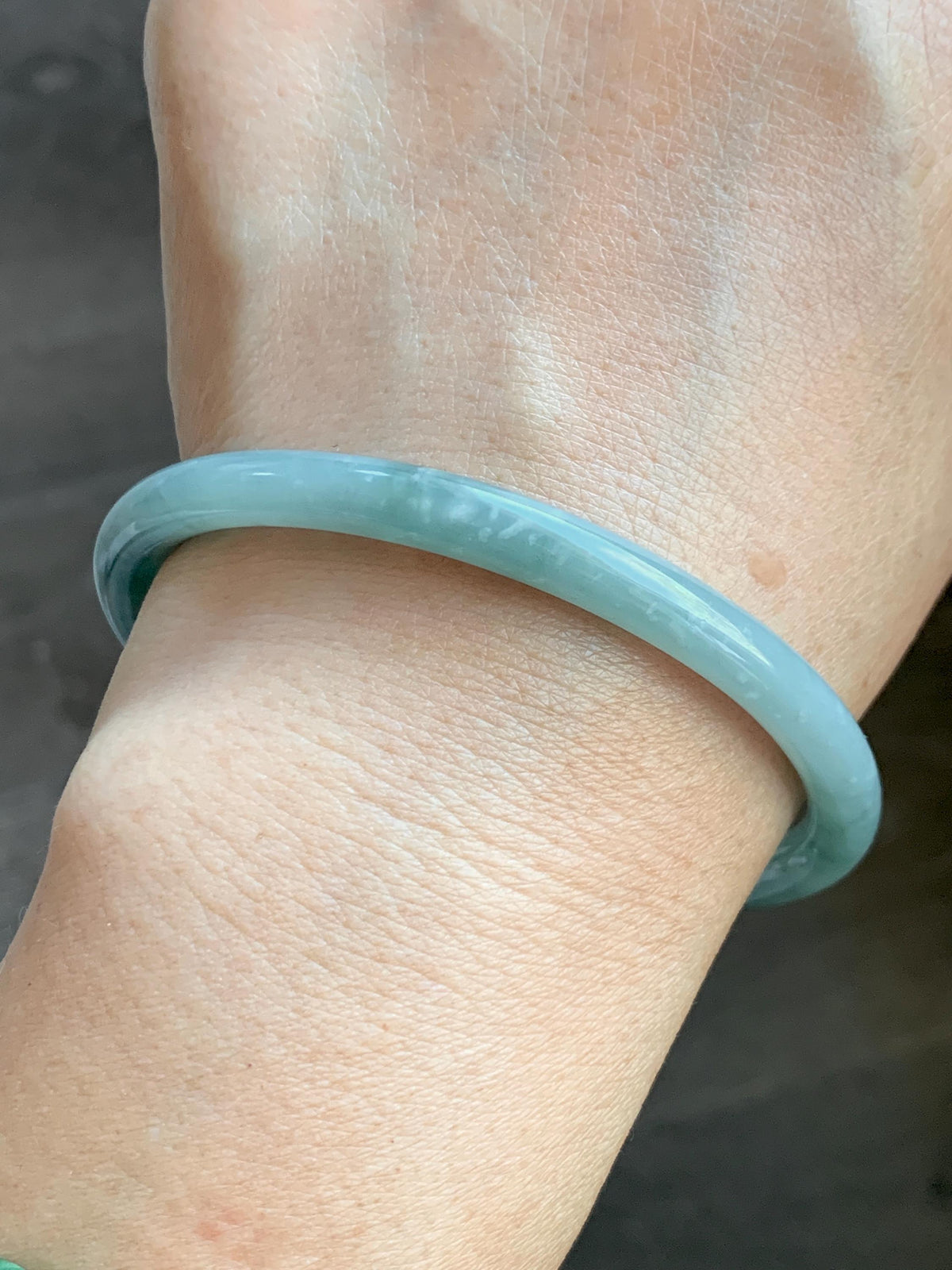 Certified Natural Grade A Guatemalan Icy Translucent Light Dusty Teal Jade Jadeite Slim Bangle 60mm 7.42" 20g 天然冰危浅蓝翡翠细圆条手镯 956