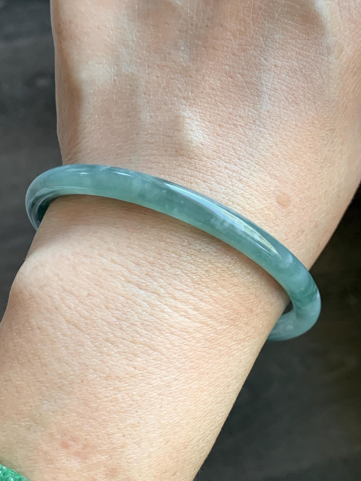 Certified Natural Grade A Guatemalan Icy Translucent Light Dusty Teal Jade Jadeite Slim Bangle 60mm 7.42" 20g 天然冰危浅蓝翡翠细圆条手镯 956