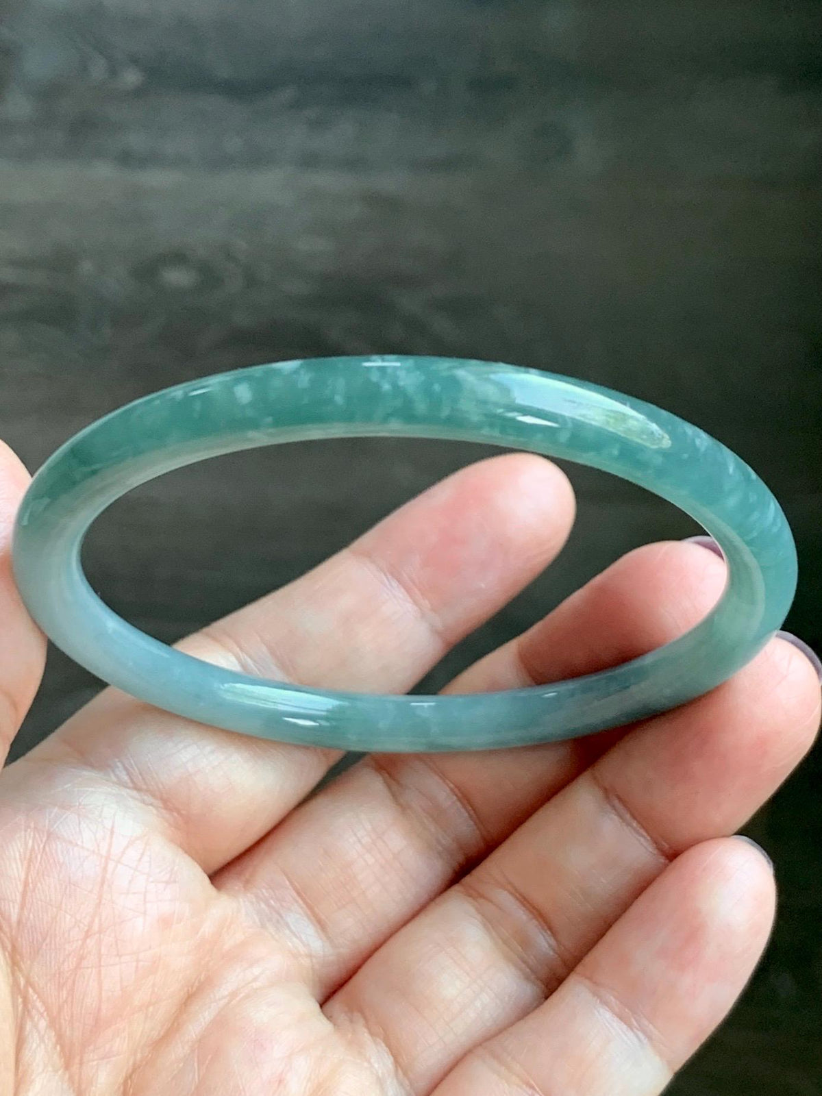 Certified Natural Grade A Guatemalan Icy Translucent Light Dusty Teal Jade Jadeite Slim Bangle 58.24mm 7.2" 19.56g 天然冰危浅蓝翡翠细圆条手镯 957