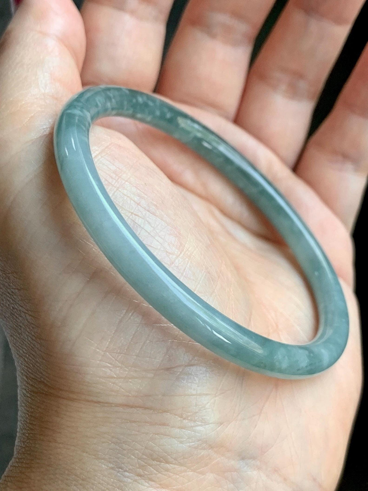 Certified Natural Grade A Guatemalan Icy Translucent Light Dusty Teal Jade Jadeite Slim Bangle 58.24mm 7.2" 19.56g 天然冰危浅蓝翡翠细圆条手镯 957