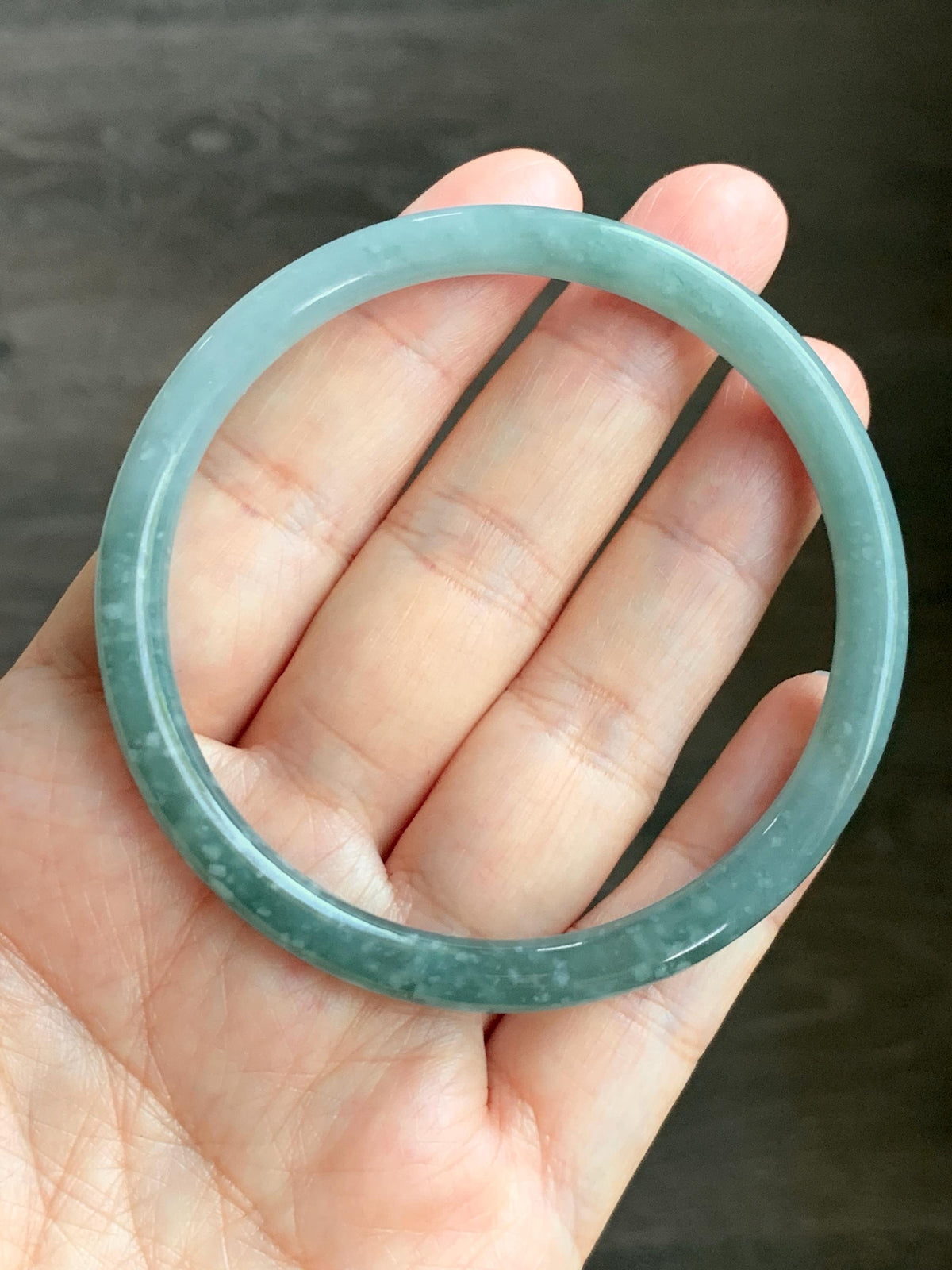 Certified Natural Grade A Guatemalan Icy Translucent Light Dusty Teal Jade Jadeite Slim Bangle 58.24mm 7.2" 19.56g 天然冰危浅蓝翡翠细圆条手镯 957