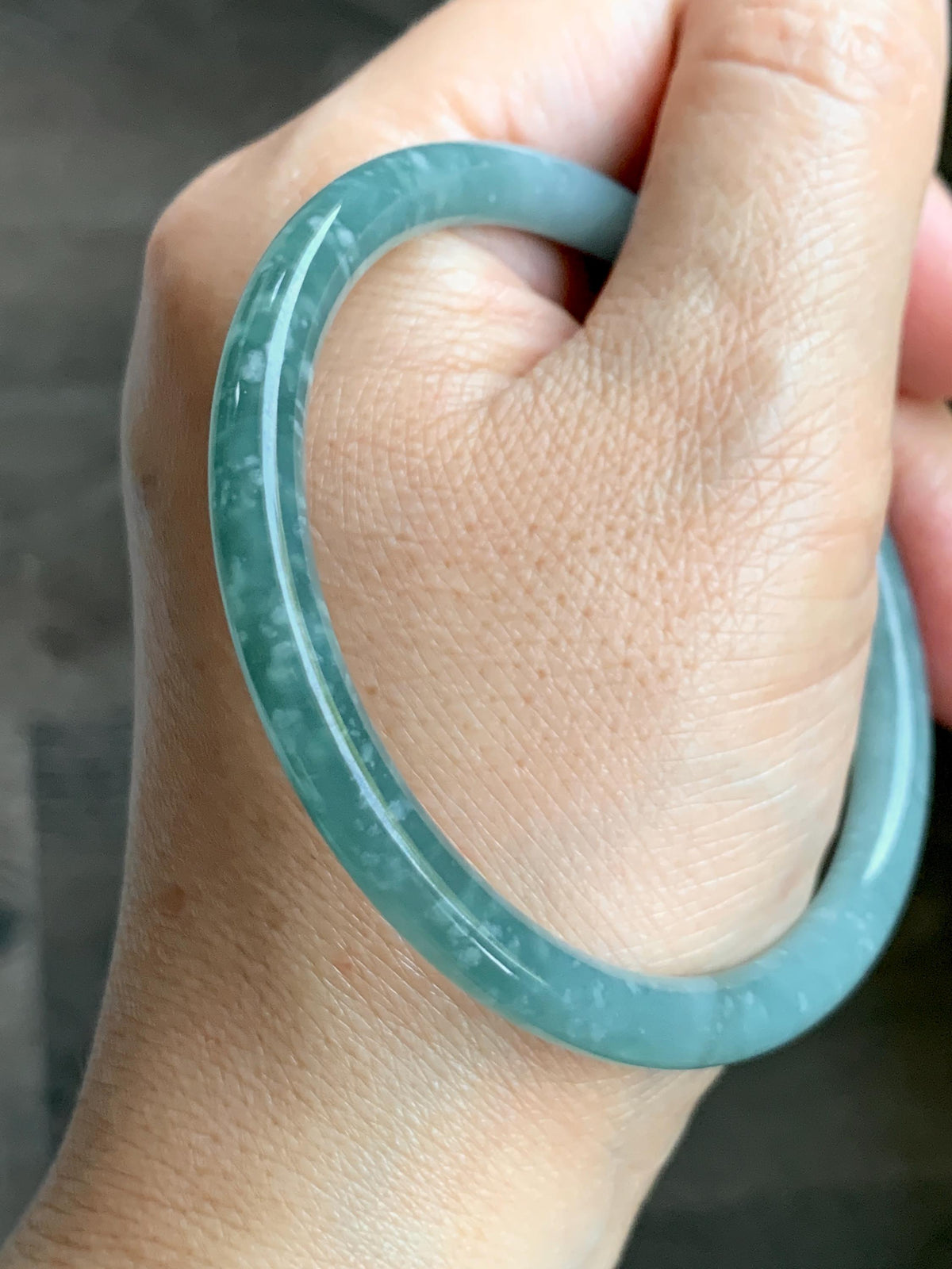 Certified Natural Grade A Guatemalan Icy Translucent Light Dusty Teal Jade Jadeite Slim Bangle 58.24mm 7.2" 19.56g 天然冰危浅蓝翡翠细圆条手镯 957