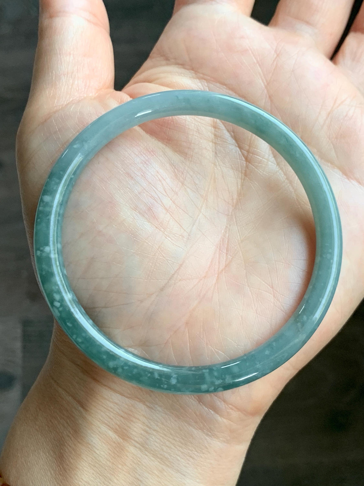 Certified Natural Grade A Guatemalan Icy Translucent Light Dusty Teal Jade Jadeite Slim Bangle 58.24mm 7.2" 19.56g 天然冰危浅蓝翡翠细圆条手镯 957