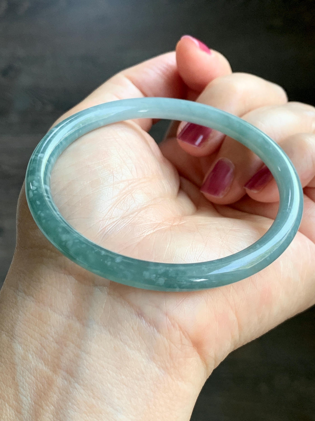 Certified Natural Grade A Guatemalan Icy Translucent Light Dusty Teal Jade Jadeite Slim Bangle 58.24mm 7.2" 19.56g 天然冰危浅蓝翡翠细圆条手镯 957