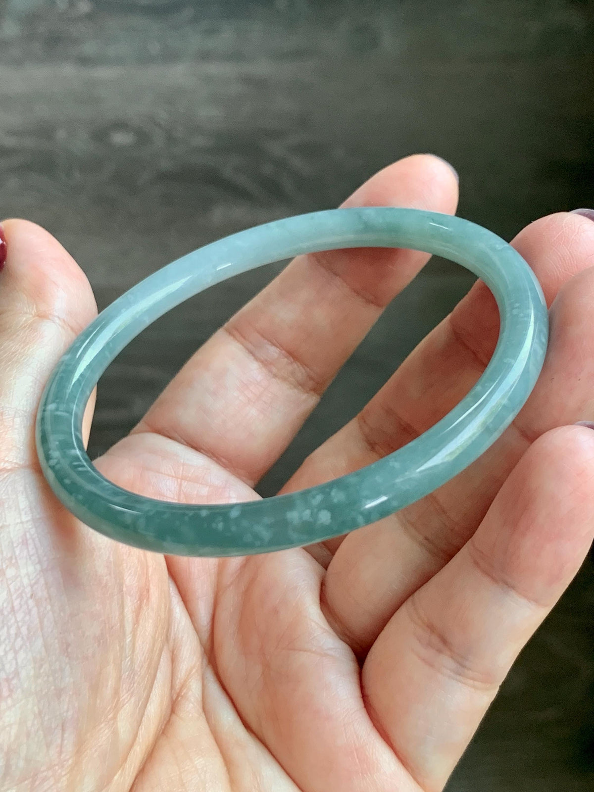 Certified Natural Grade A Guatemalan Icy Translucent Light Dusty Teal Jade Jadeite Slim Bangle 58.24mm 7.2" 19.56g 天然冰危浅蓝翡翠细圆条手镯 957