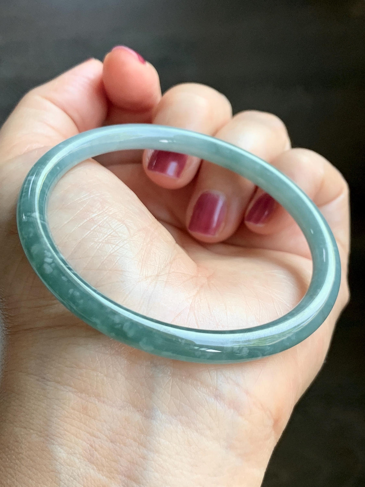 Certified Natural Grade A Guatemalan Icy Translucent Light Dusty Teal Jade Jadeite Slim Bangle 58.24mm 7.2" 19.56g 天然冰危浅蓝翡翠细圆条手镯 957
