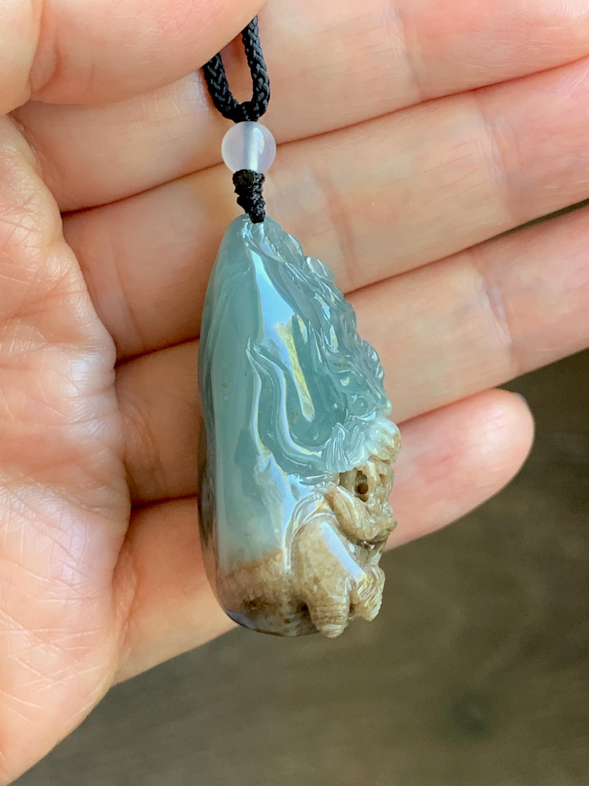 Natural Grade A Guatemalan Icy Translucent Dusty Blue & Brown Bicolored Jade Jadeite Dragon Pendant Rope Necklace 28g 天然冰危淡蓝皮壳翡翠盘龙吊坠 WSL350A