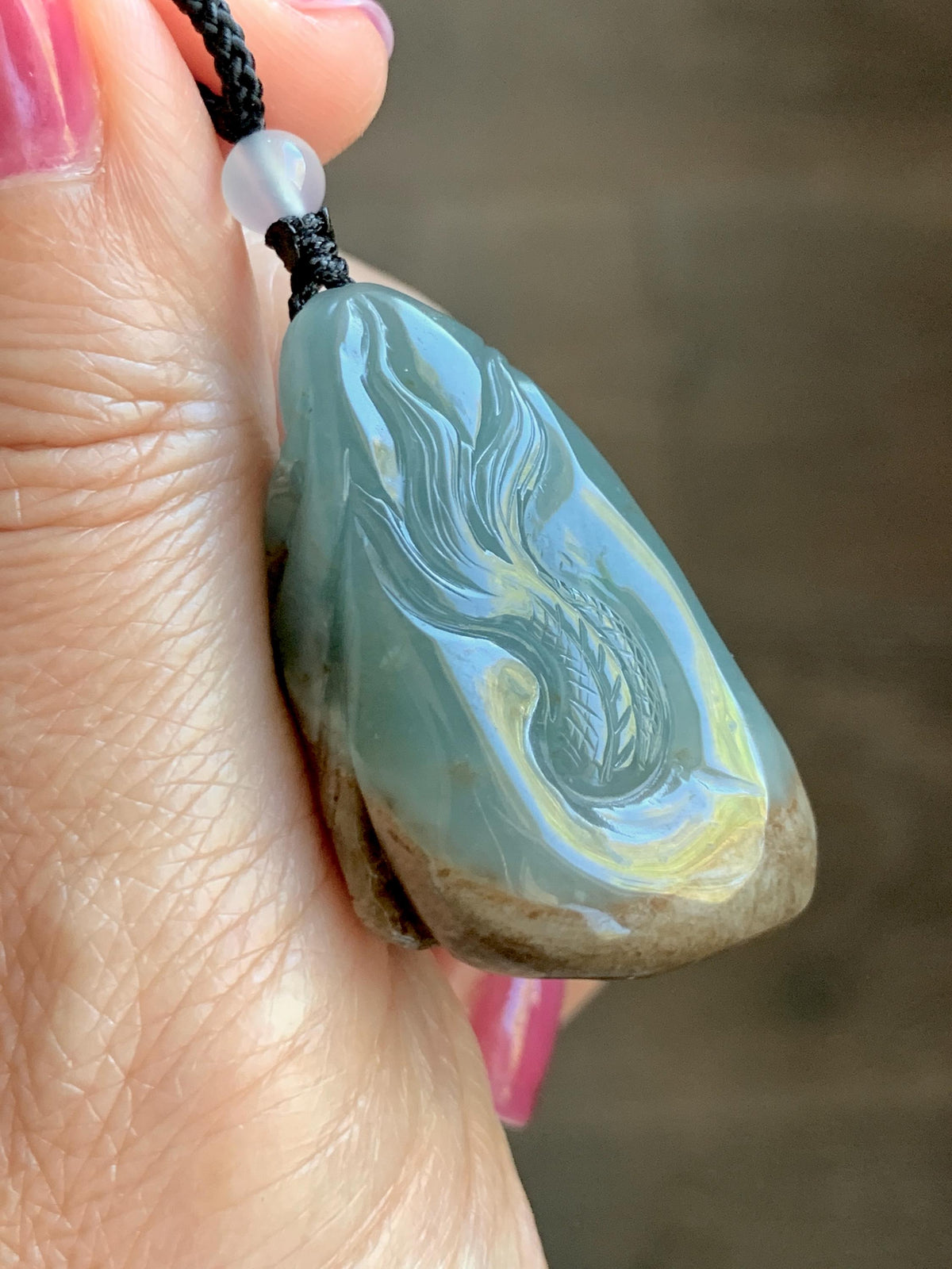 Natural Grade A Guatemalan Icy Translucent Dusty Blue & Brown Bicolored Jade Jadeite Dragon Pendant Rope Necklace 28g 天然冰危淡蓝皮壳翡翠盘龙吊坠 WSL350A