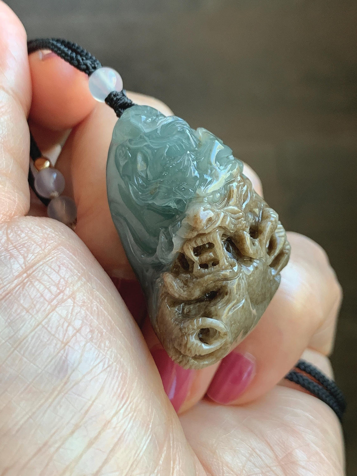 Natural Grade A Guatemalan Icy Translucent Dusty Blue & Brown Bicolored Jade Jadeite Dragon Pendant Rope Necklace 28g 天然冰危淡蓝皮壳翡翠盘龙吊坠 WSL350A