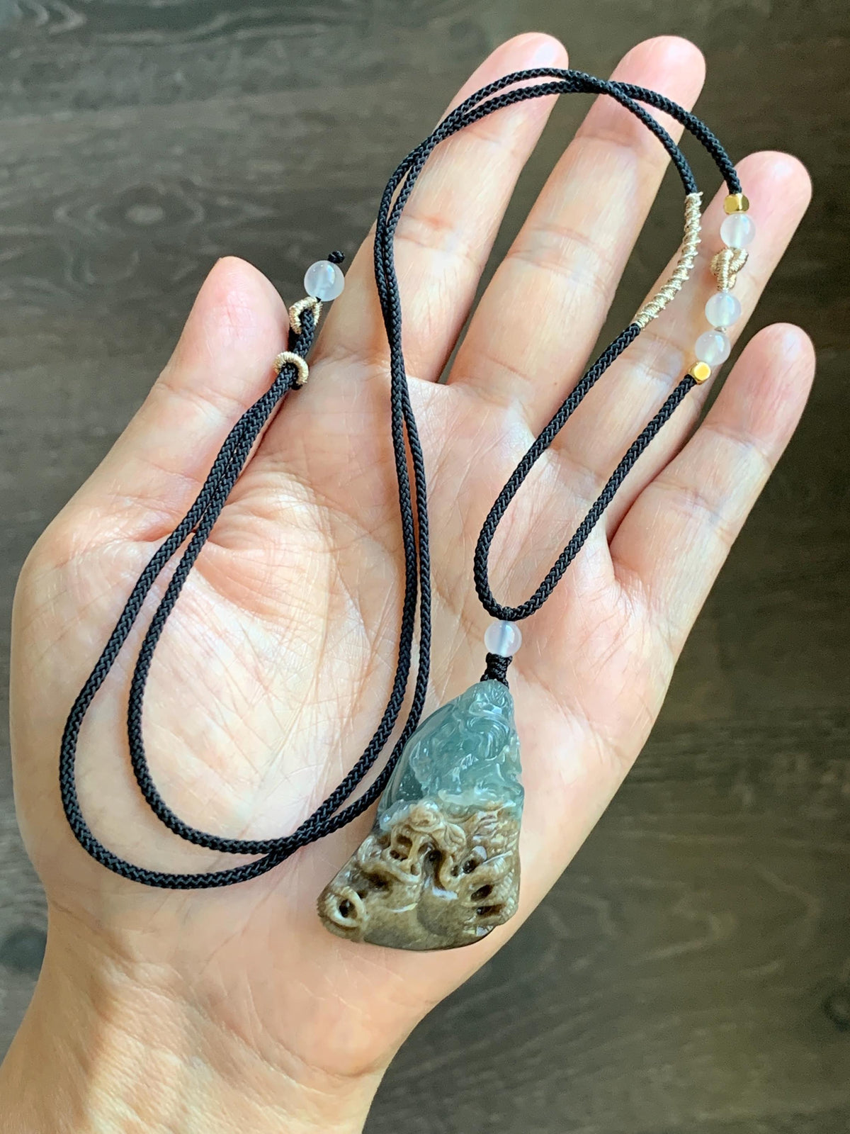 Natural Grade A Guatemalan Icy Translucent Dusty Blue & Brown Bicolored Jade Jadeite Dragon Pendant Rope Necklace 28g 天然冰危淡蓝皮壳翡翠盘龙吊坠 WSL350A