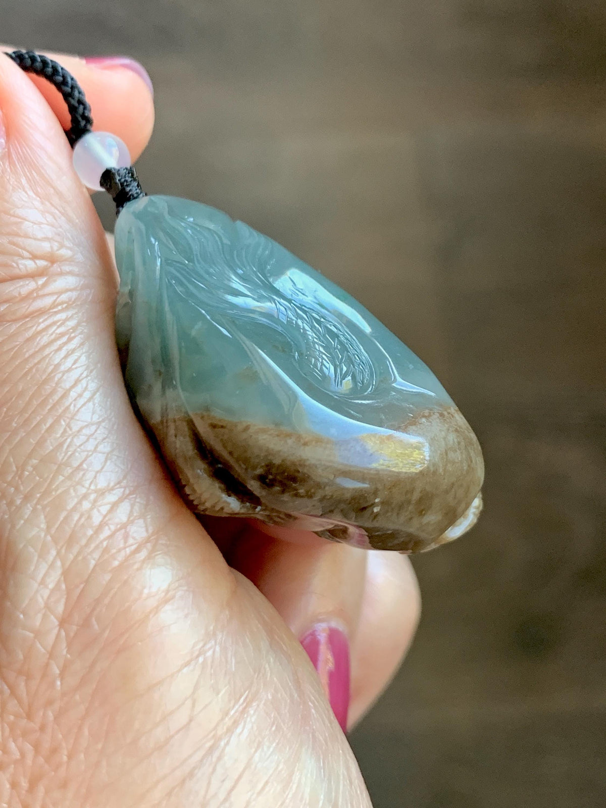 Natural Grade A Guatemalan Icy Translucent Dusty Blue & Brown Bicolored Jade Jadeite Dragon Pendant Rope Necklace 28g 天然冰危淡蓝皮壳翡翠盘龙吊坠 WSL350A