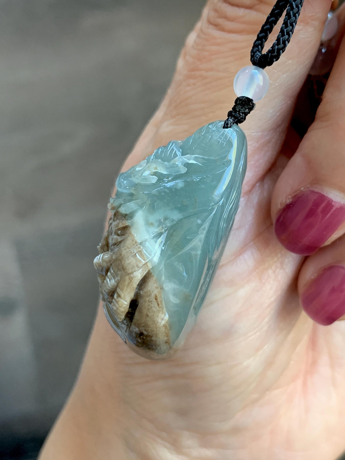 Natural Grade A Guatemalan Icy Translucent Dusty Blue & Brown Bicolored Jade Jadeite Dragon Pendant Rope Necklace 28g 天然冰危淡蓝皮壳翡翠盘龙吊坠 WSL350A