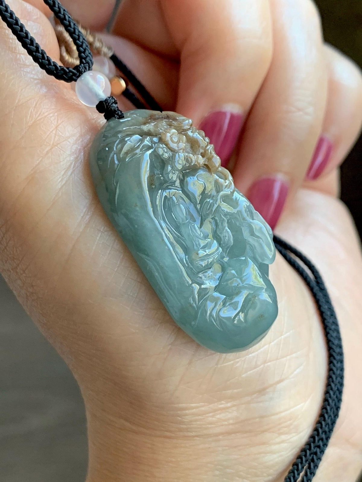 Natural Grade A Guatemalan Icy Dusty Blue & Brown Bicolored Jade Jadeite Kind and Evil Pendant Rope Necklace 28g 天然冰危淡蓝皮壳翡翠一念之间吊坠 WSL350B