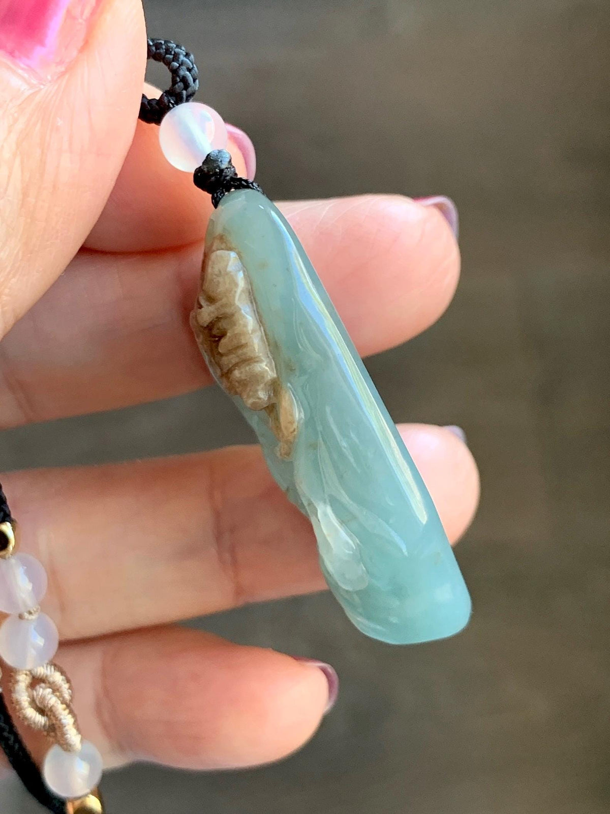 Natural Grade A Guatemalan Icy Dusty Blue & Brown Bicolored Jade Jadeite Kind and Evil Pendant Rope Necklace 28g 天然冰危淡蓝皮壳翡翠一念之间吊坠 WSL350B