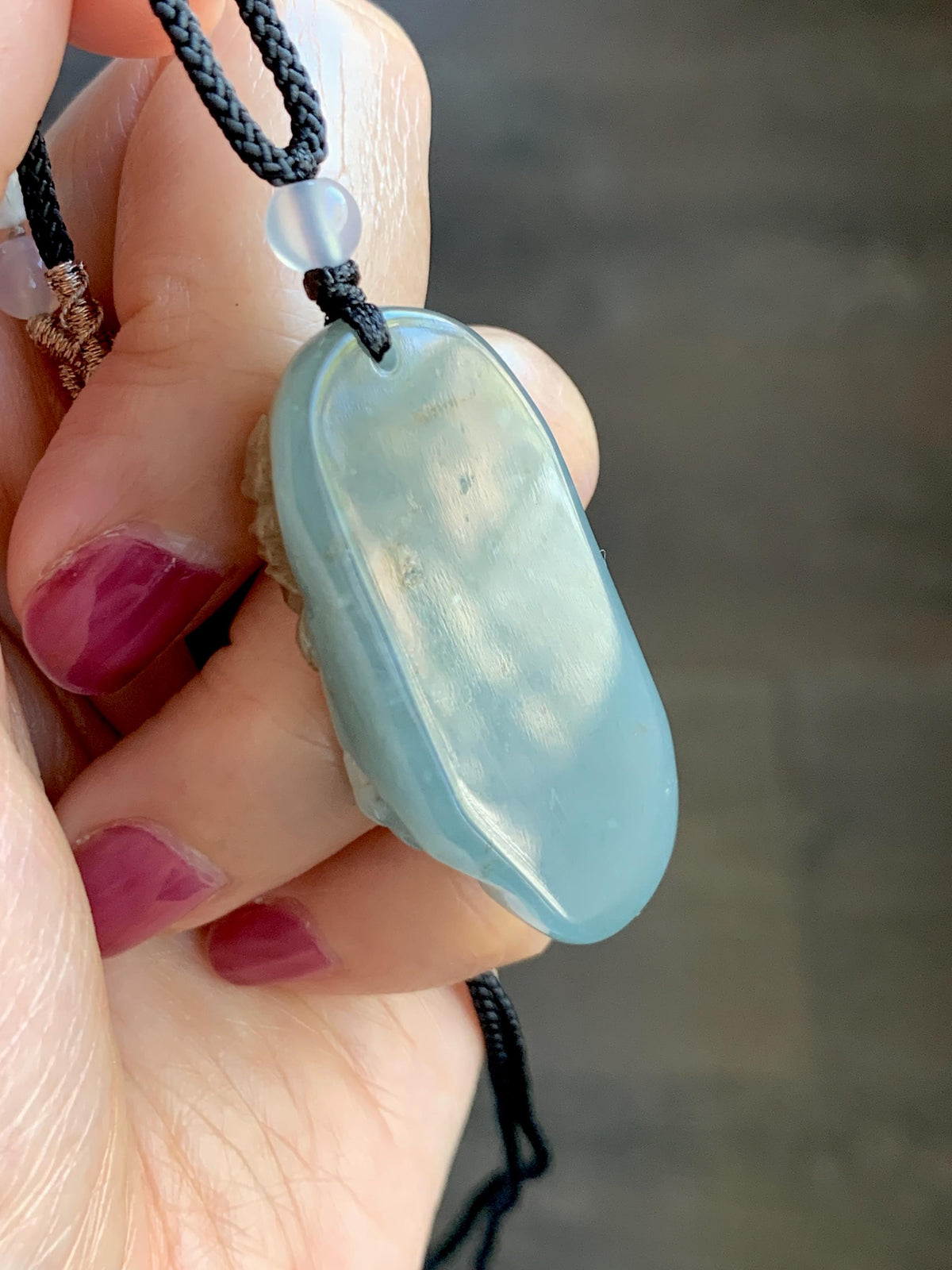 Natural Grade A Guatemalan Icy Dusty Blue & Brown Bicolored Jade Jadeite Kind and Evil Pendant Rope Necklace 28g 天然冰危淡蓝皮壳翡翠一念之间吊坠 WSL350B
