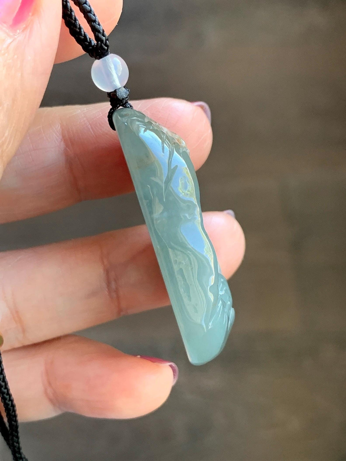Natural Grade A Guatemalan Icy Dusty Blue & Brown Bicolored Jade Jadeite Kind and Evil Pendant Rope Necklace 28g 天然冰危淡蓝皮壳翡翠一念之间吊坠 WSL350B